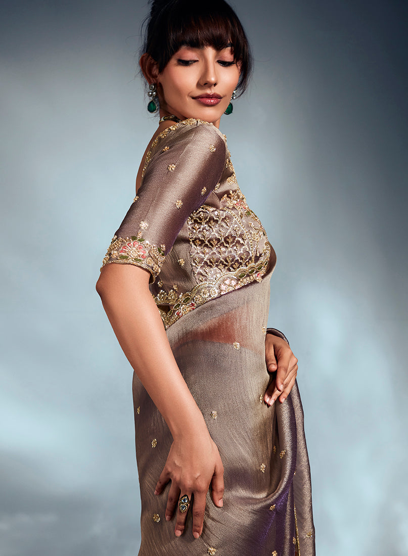 Monjolika Fashion Light Brown Tissue Organza Saree With Moti, Cutdana & Sequins Work | Grocsy