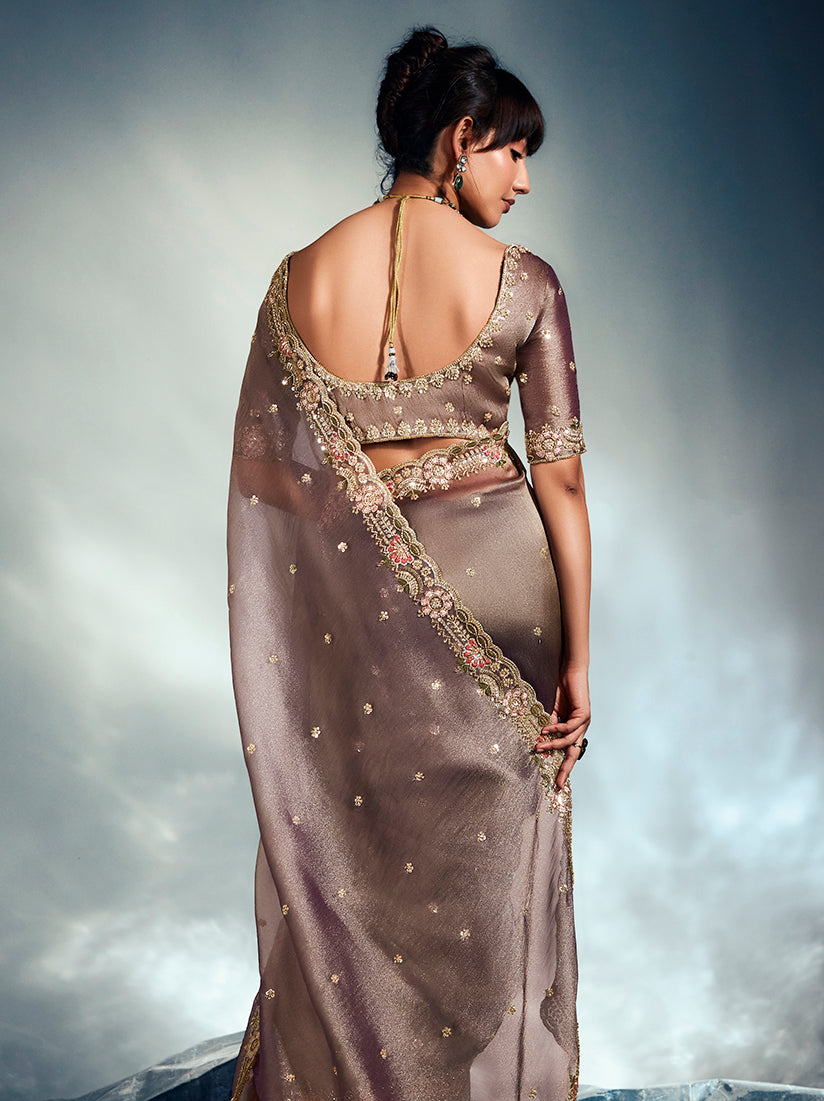 Monjolika Fashion Light Brown Tissue Organza Saree With Moti, Cutdana & Sequins Work | Grocsy