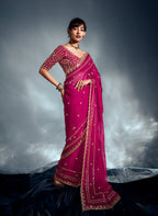 Monjolika Fashion Magenta Pink Tissue Organza Saree With Moti, Cutdana & Sequins Work | Grocsy