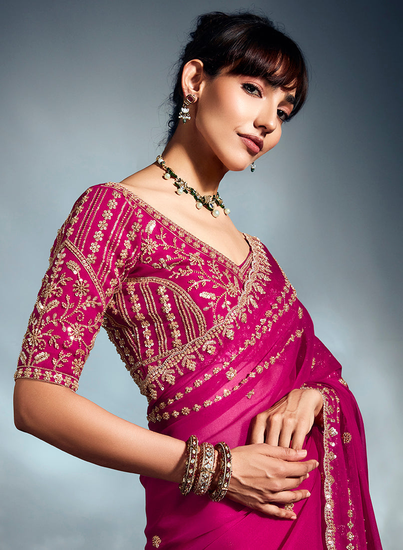 Monjolika Fashion Magenta Pink Tissue Organza Saree With Moti, Cutdana & Sequins Work | Grocsy