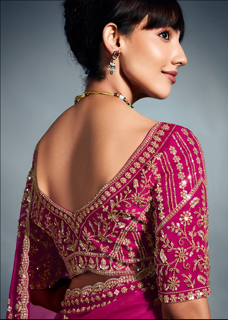 Monjolika Fashion Magenta Pink Tissue Organza Saree With Moti, Cutdana & Sequins Work | Grocsy