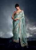 Monjolika Fashion Light Blue Tissue Organza Saree With Moti, Cutdana & Sequin Khatli Work | Grocsy