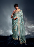 Monjolika Fashion Light Blue Tissue Organza Saree With Moti, Cutdana & Sequin Khatli Work | Grocsy