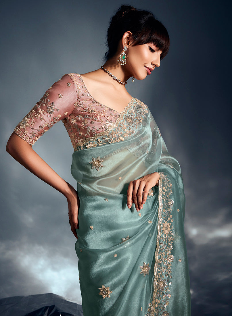 Monjolika Fashion Light Blue Tissue Organza Saree With Moti, Cutdana & Sequin Khatli Work | Grocsy