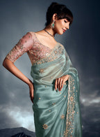 Monjolika Fashion Light Blue Tissue Organza Saree With Moti, Cutdana & Sequin Khatli Work | Grocsy