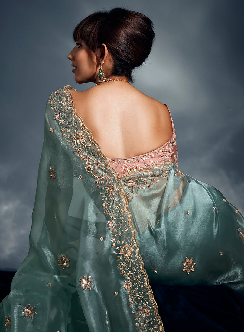 Monjolika Fashion Light Blue Tissue Organza Saree With Moti, Cutdana & Sequin Khatli Work | Grocsy