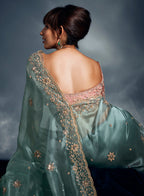 Monjolika Fashion Light Blue Tissue Organza Saree With Moti, Cutdana & Sequin Khatli Work | Grocsy