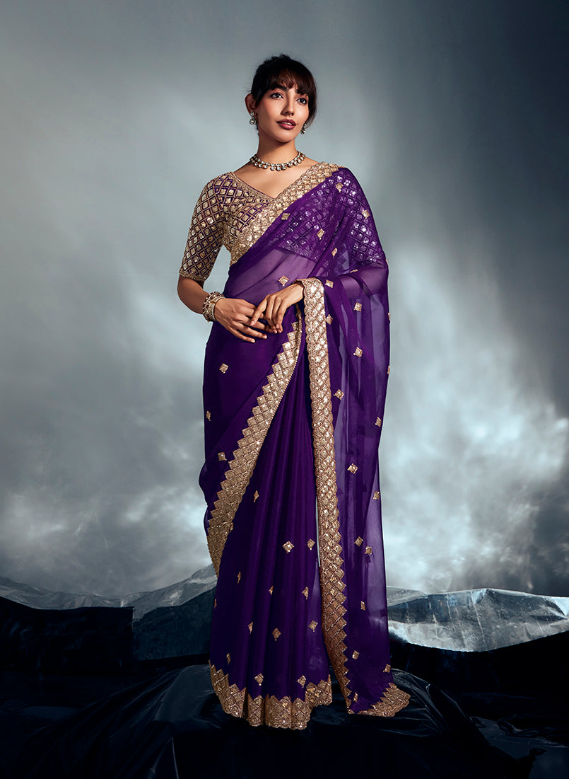 Monjolika Fashion Purple Tissue Organza Saree With Moti, Cutdana & Sequin Khatli Work | Grocsy