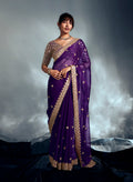 Monjolika Fashion Purple Tissue Organza Saree With Moti, Cutdana & Sequin Khatli Work | Grocsy