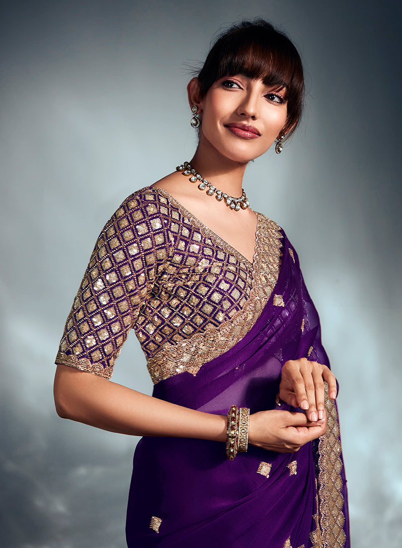 Monjolika Fashion Purple Tissue Organza Saree With Moti, Cutdana & Sequin Khatli Work | Grocsy