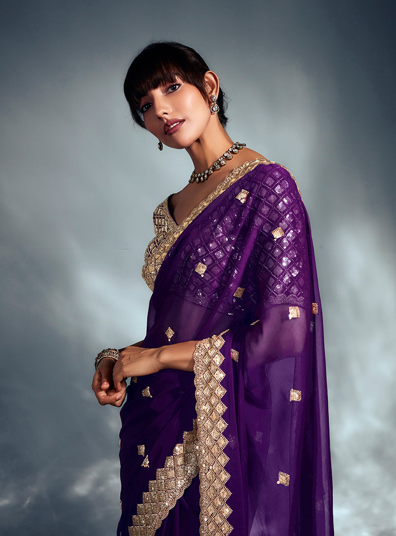 Monjolika Fashion Purple Tissue Organza Saree With Moti, Cutdana & Sequin Khatli Work | Grocsy