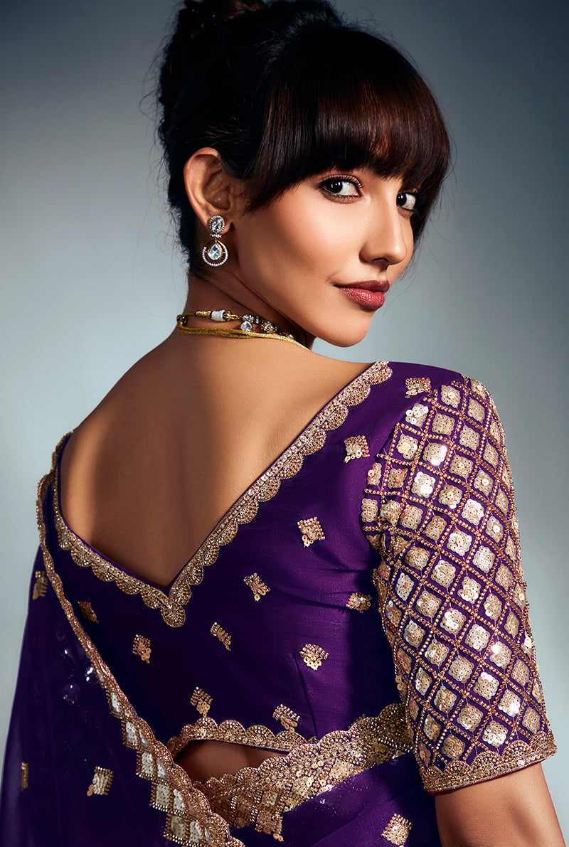 Monjolika Fashion Purple Tissue Organza Saree With Moti, Cutdana & Sequin Khatli Work | Grocsy