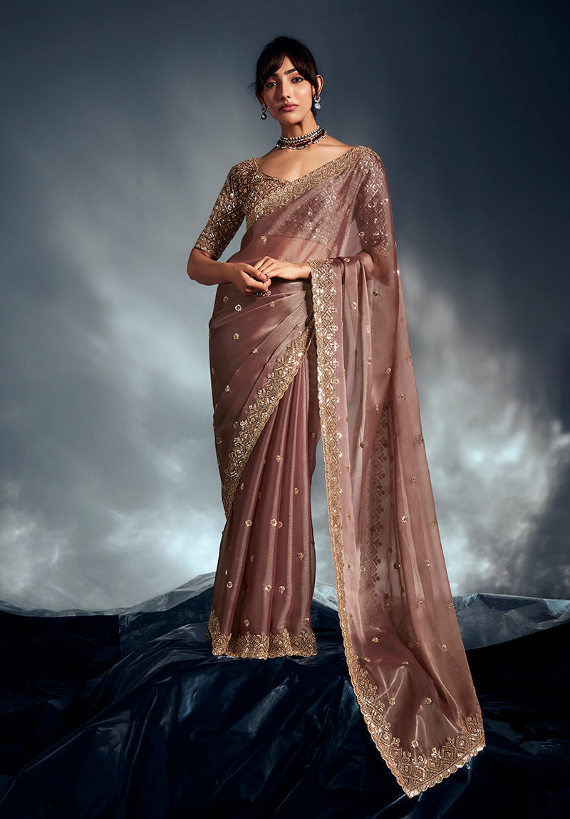 Monjolika Fashion Dusty Pink Tissue Organza Saree With Moti, Cutdana & Sequins Khatli Work | Grocsy