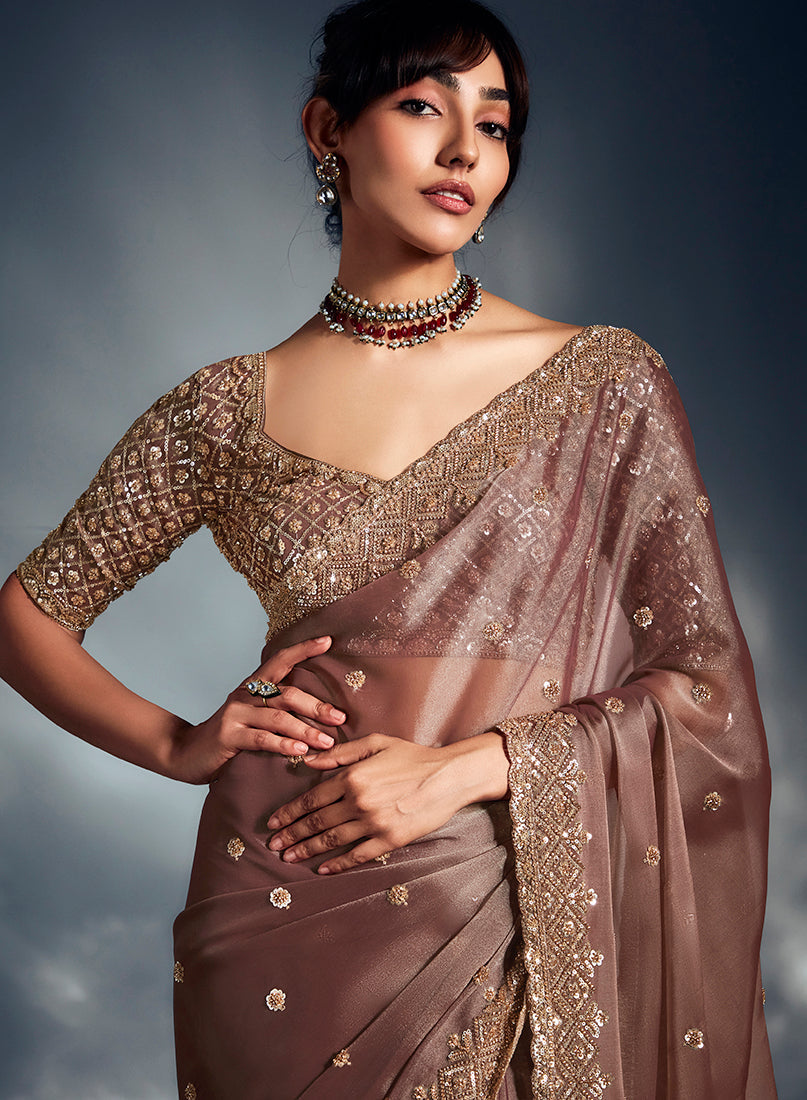 Monjolika Fashion Dusty Pink Tissue Organza Saree With Moti, Cutdana & Sequins Khatli Work | Grocsy