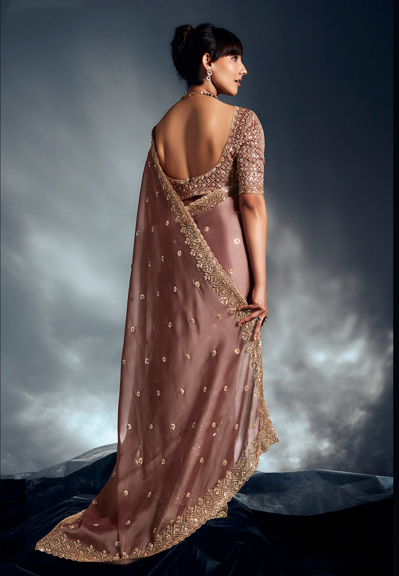 Monjolika Fashion Dusty Pink Tissue Organza Saree With Moti, Cutdana & Sequins Khatli Work | Grocsy