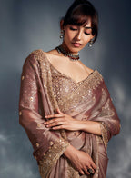 Monjolika Fashion Dusty Pink Tissue Organza Saree With Moti, Cutdana & Sequins Khatli Work | Grocsy