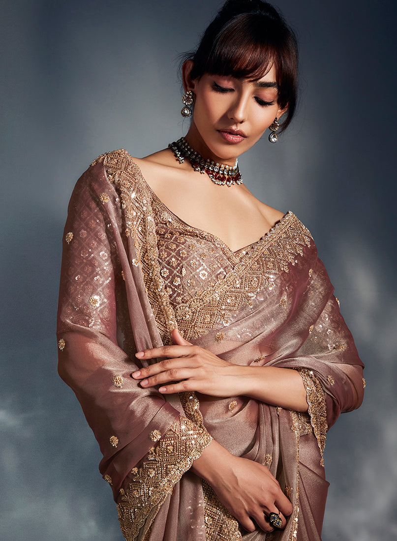 Monjolika Fashion Dusty Pink Tissue Organza Saree With Moti, Cutdana & Sequins Khatli Work | Grocsy