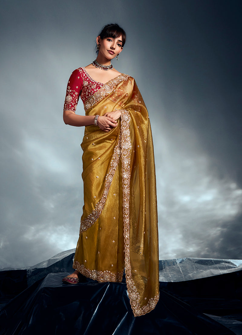 Monjolika Fashion Mustard Tissue Organza Saree With Moti, Cutdana & Sequins Khatli Work | Grocsy