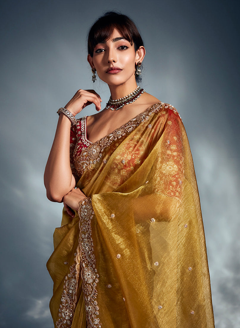Monjolika Fashion Mustard Tissue Organza Saree With Moti, Cutdana & Sequins Khatli Work | Grocsy