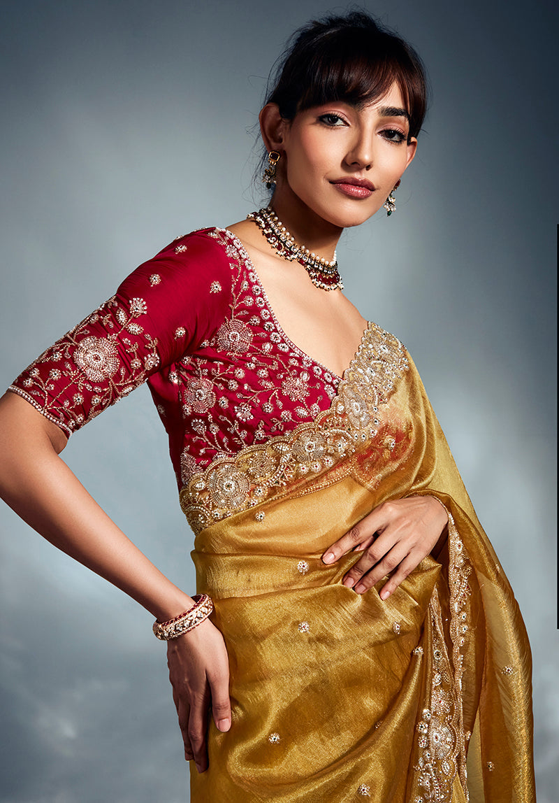 Monjolika Fashion Mustard Tissue Organza Saree With Moti, Cutdana & Sequins Khatli Work | Grocsy