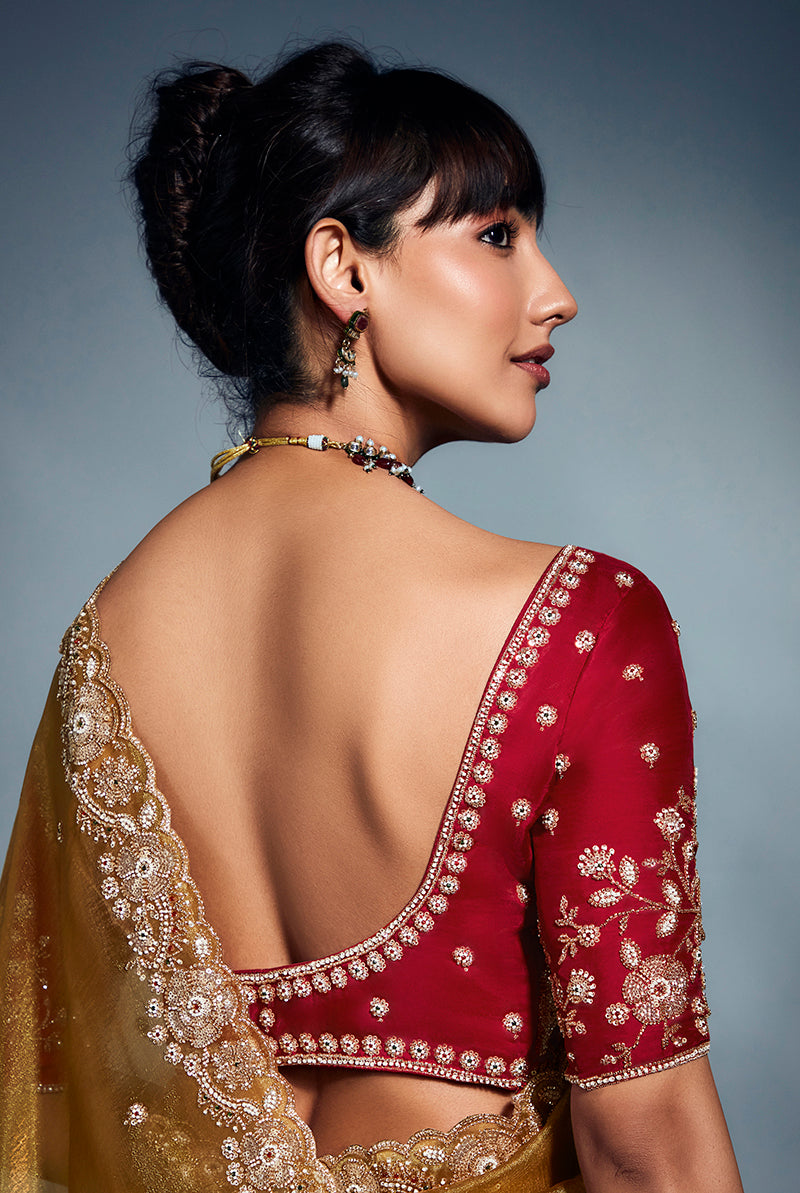 Monjolika Fashion Mustard Tissue Organza Saree With Moti, Cutdana & Sequins Khatli Work | Grocsy