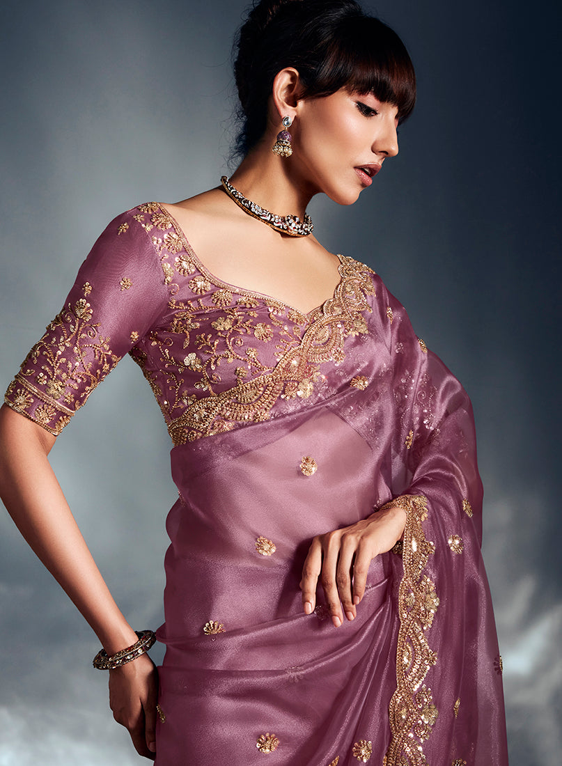 Monjolika Fashion Designer Onion Pink Tissue Organza Saree With Moti, Cutdana & Sequins Work | Grocsy