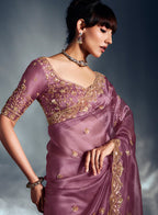 Monjolika Fashion Designer Onion Pink Tissue Organza Saree With Moti, Cutdana & Sequins Work | Grocsy
