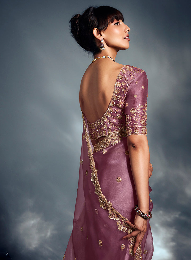 Monjolika Fashion Designer Onion Pink Tissue Organza Saree With Moti, Cutdana & Sequins Work | Grocsy