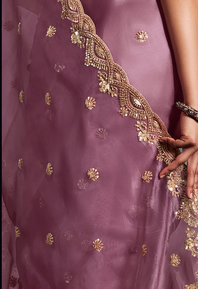 Monjolika Fashion Designer Onion Pink Tissue Organza Saree With Moti, Cutdana & Sequins Work | Grocsy