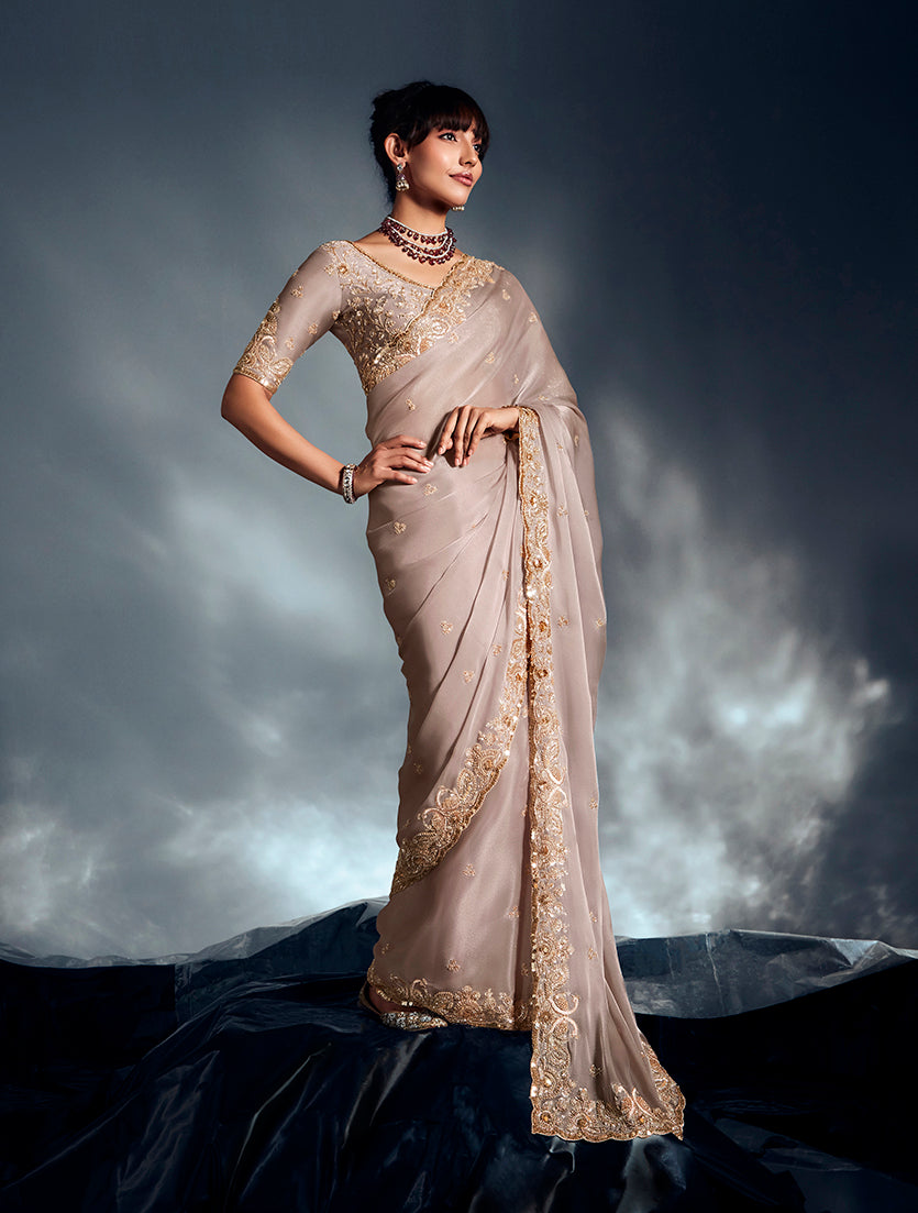 Monjolika Fashion Ivory Tissue Organza Saree With Moti, Cutdana & Sequin Work | Grocsy