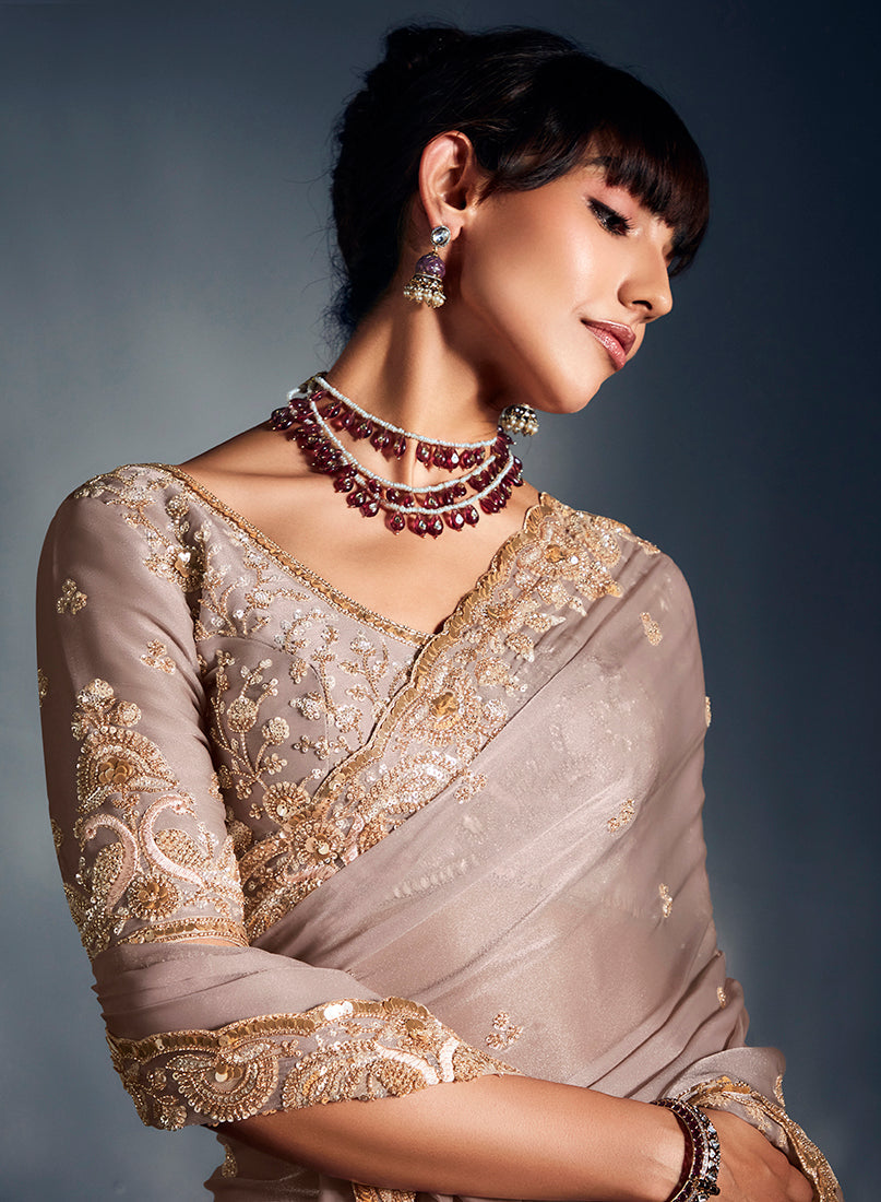 Monjolika Fashion Ivory Tissue Organza Saree With Moti, Cutdana & Sequin Work | Grocsy