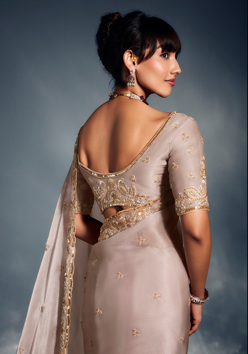 Monjolika Fashion Ivory Tissue Organza Saree With Moti, Cutdana & Sequin Work | Grocsy