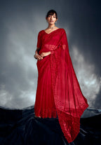 Monjolika Fashion Red Tissue Organza Saree With Moti, Cutdana & Sequin Work | Grocsy