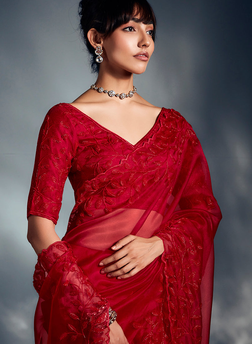 Monjolika Fashion Red Tissue Organza Saree With Moti, Cutdana & Sequin Work | Grocsy