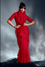 Monjolika Fashion Red Tissue Organza Saree With Moti, Cutdana & Sequin Work | Grocsy