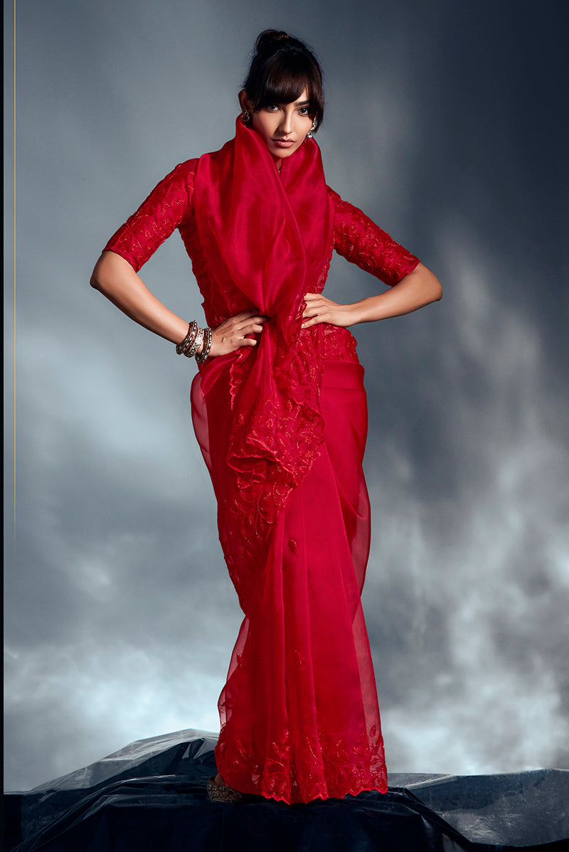 Monjolika Fashion Red Tissue Organza Saree With Moti, Cutdana & Sequin Work | Grocsy