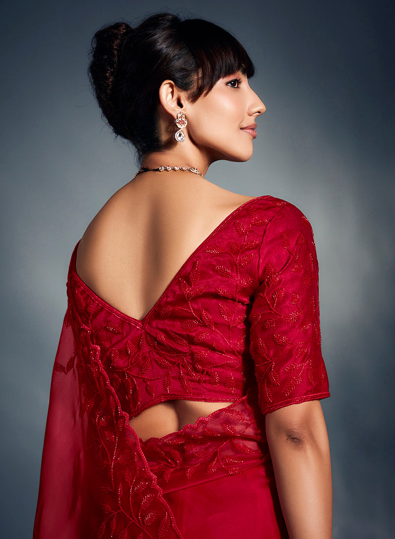 Monjolika Fashion Red Tissue Organza Saree With Moti, Cutdana & Sequin Work | Grocsy