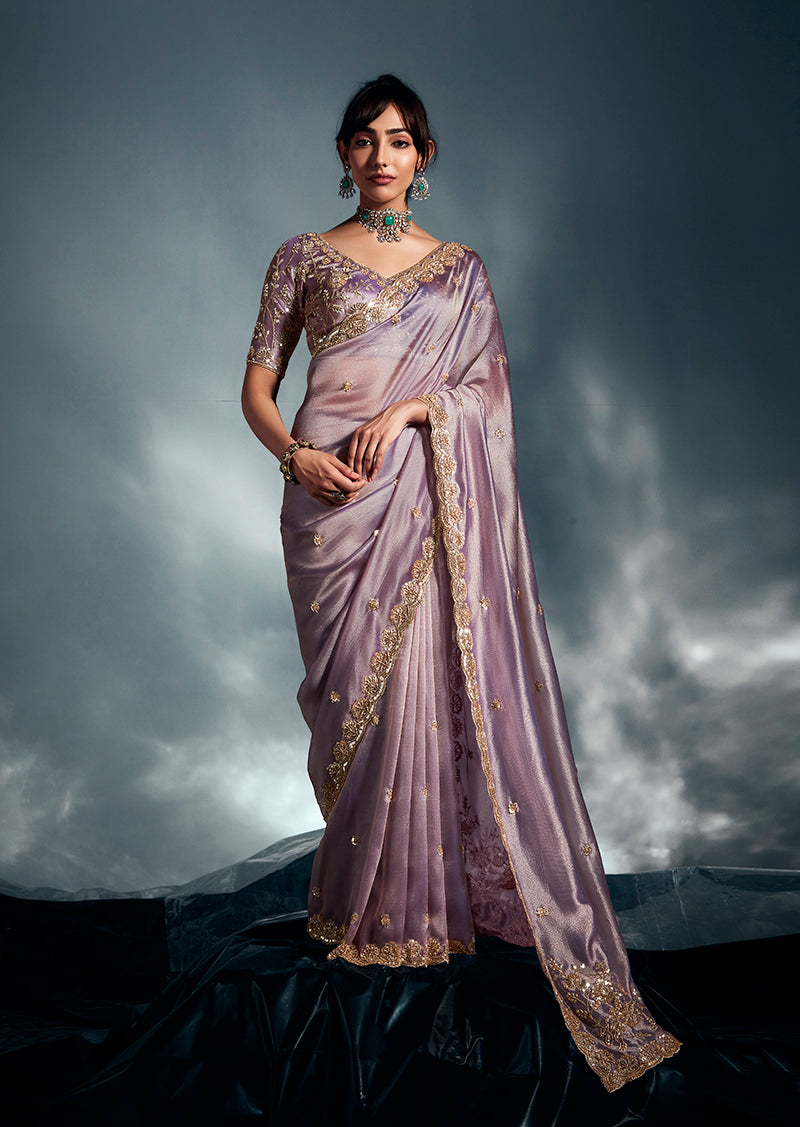 Monjolika Fashion Lilac Tissue Organza Saree With Moti, Cutdana & Sequin Work | Grocsy