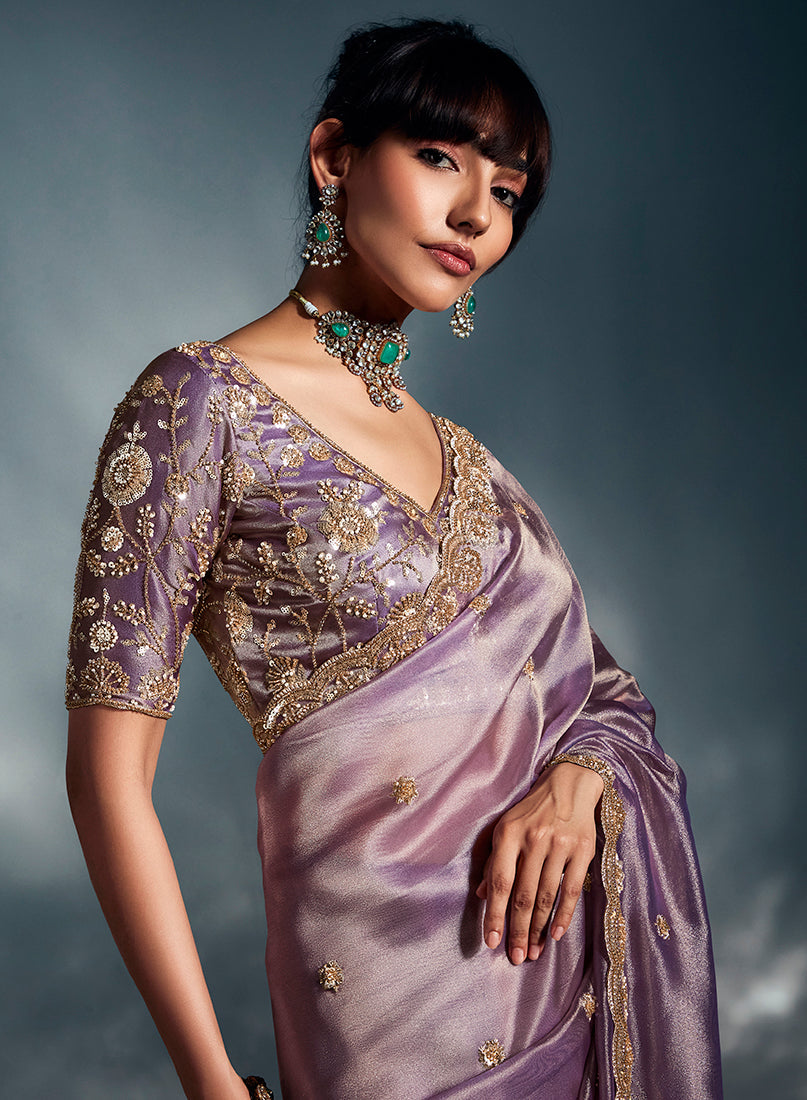 Monjolika Fashion Lilac Tissue Organza Saree With Moti, Cutdana & Sequin Work | Grocsy
