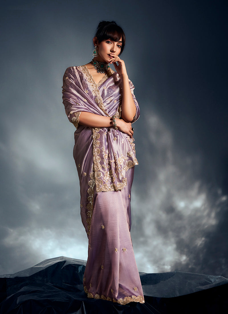 Monjolika Fashion Lilac Tissue Organza Saree With Moti, Cutdana & Sequin Work | Grocsy