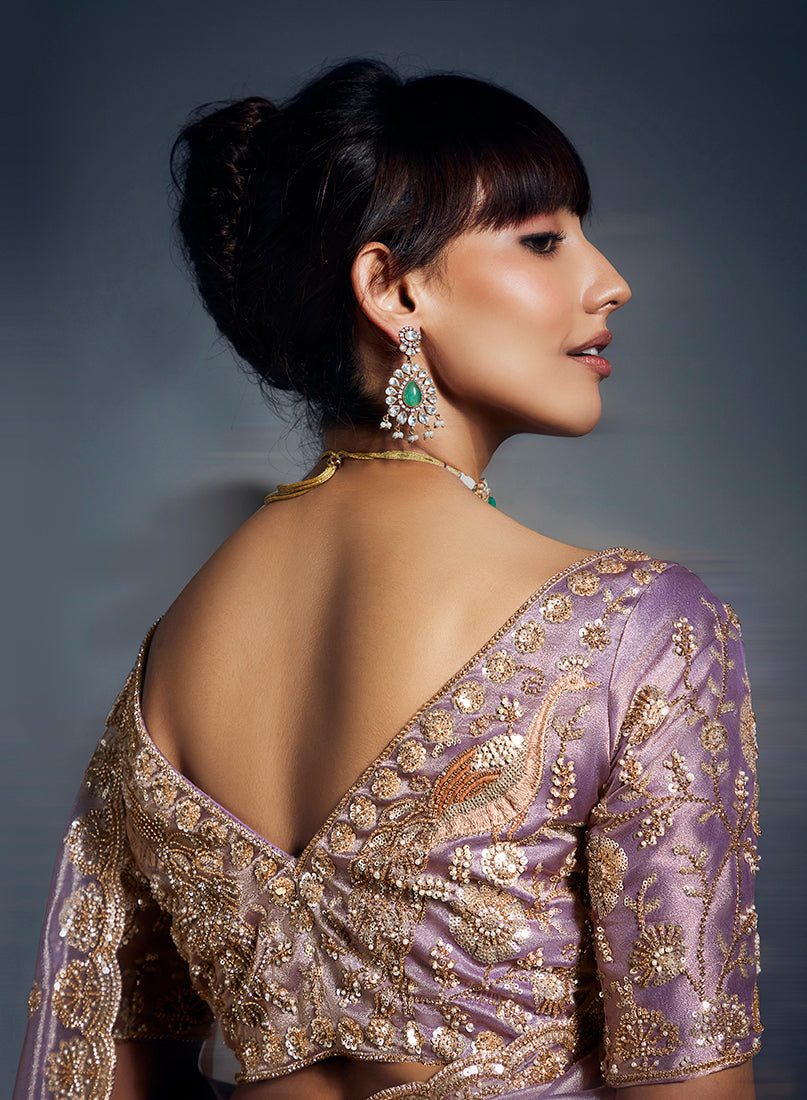 Monjolika Fashion Lilac Tissue Organza Saree With Moti, Cutdana & Sequin Work | Grocsy