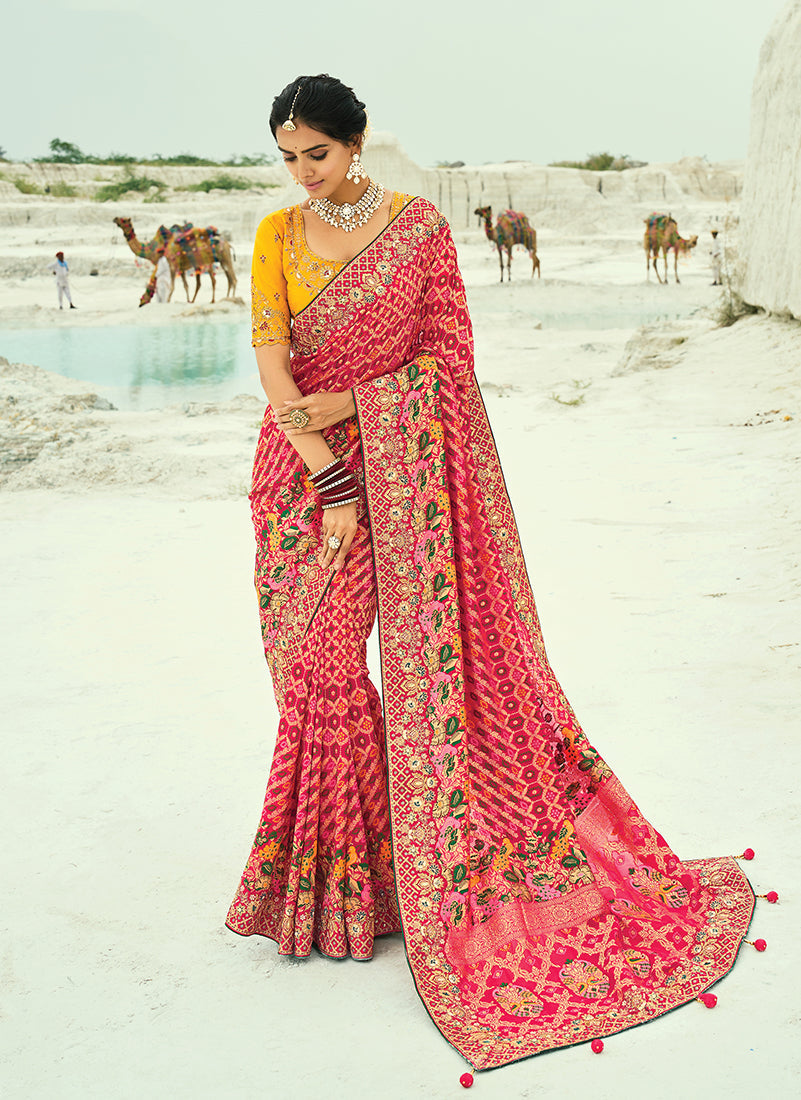 Monjolika Fashion Rani Pink Embroidered Georgette Bandhej Designer Saree | Grocsy
