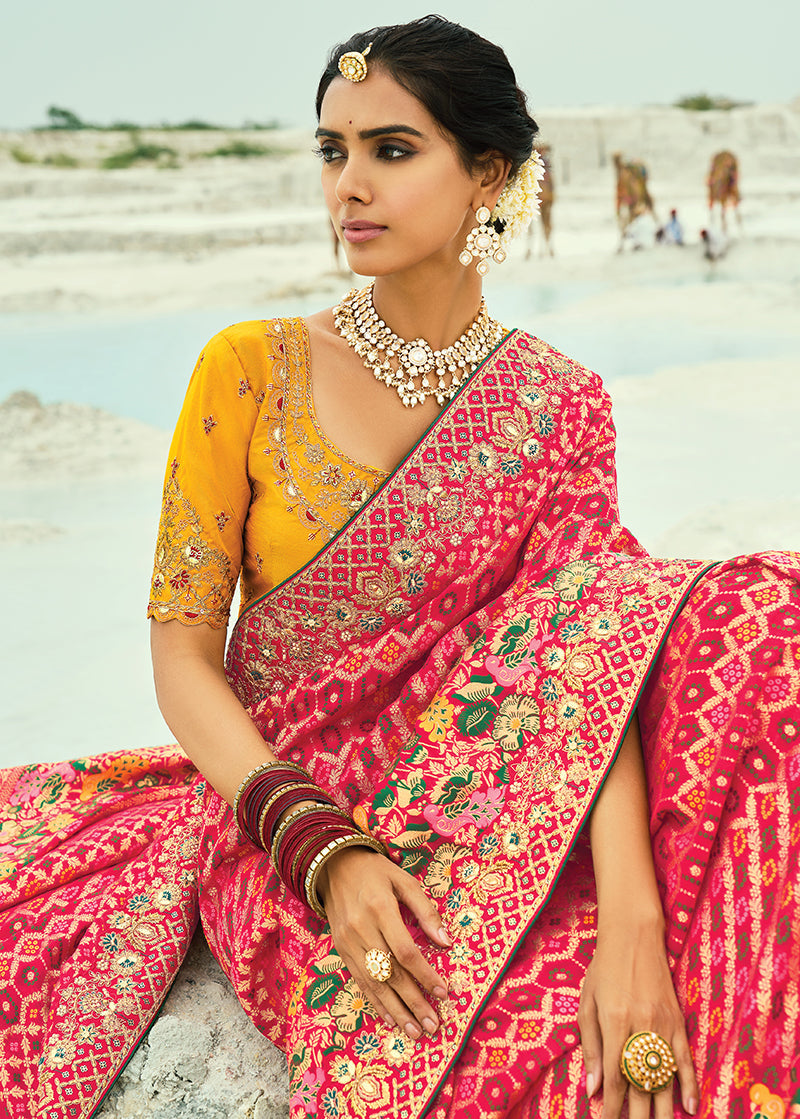 Monjolika Fashion Rani Pink Embroidered Georgette Bandhej Designer Saree | Grocsy