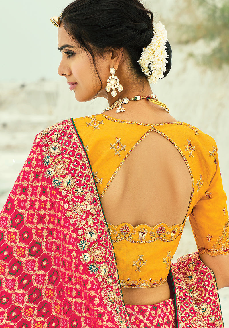 Monjolika Fashion Rani Pink Embroidered Georgette Bandhej Designer Saree | Grocsy