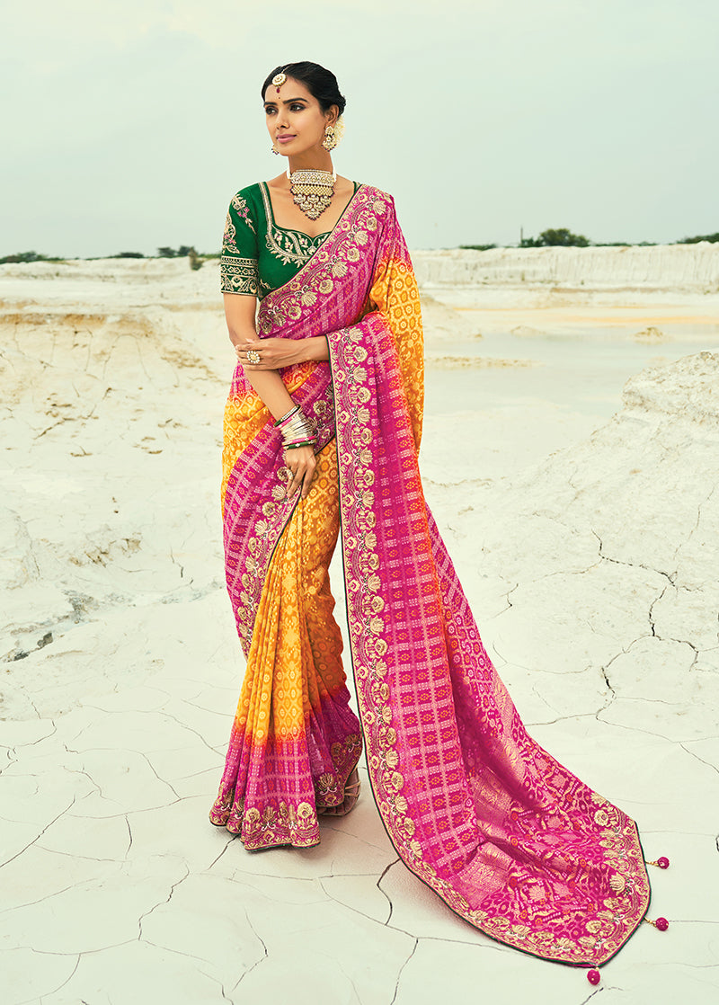 Monjolika Fashion Mustard And Rani Pink Embroidered Georgette Bandhej Designer Saree | Grocsy