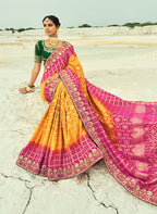 Monjolika Fashion Mustard And Rani Pink Embroidered Georgette Bandhej Designer Saree | Grocsy