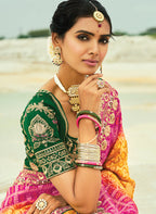 Monjolika Fashion Mustard And Rani Pink Embroidered Georgette Bandhej Designer Saree | Grocsy