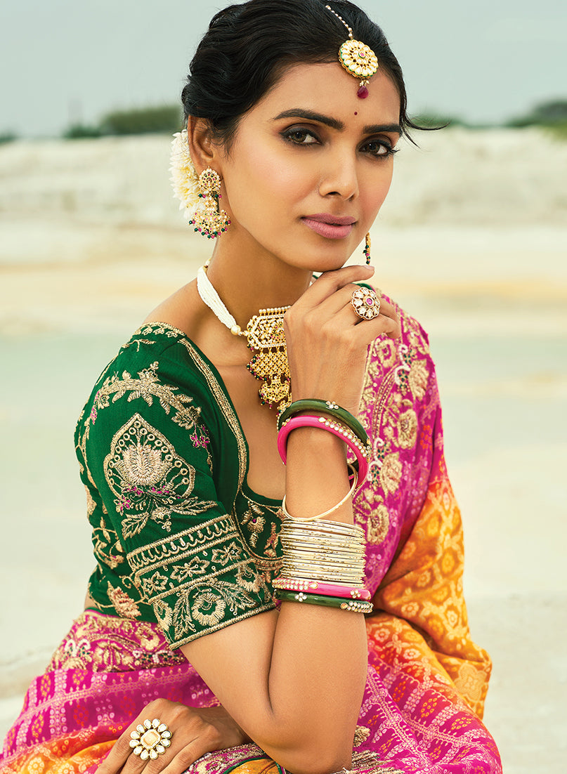 Monjolika Fashion Mustard And Rani Pink Embroidered Georgette Bandhej Designer Saree | Grocsy