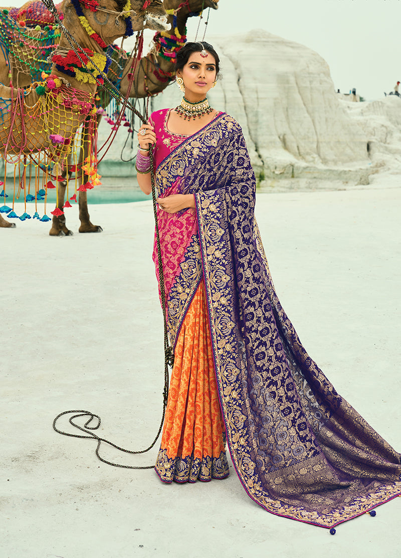 Monjolika Fashion Multicolor Embroidered Georgette Bandhej Designer Saree | Grocsy