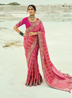 Monjolika Fashion Rani Pink Embroidered Georgette Bandhej Designer Saree | Grocsy